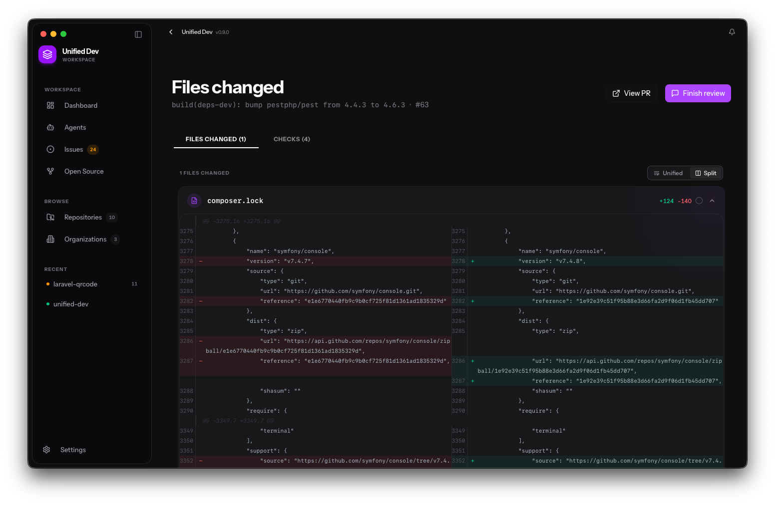 Code review with side-by-side diffs